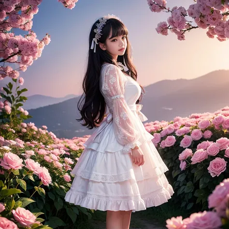 Side view,side angle, Bow tie at the back of the waist, There is a bow on the back，Sideways photo, Skirt length to calf, cupcake dress, Layered skirt with lace on each layer, Put on a lolita dress, layered dress, Pink Lolita dress, lots of lace, Long sleev...