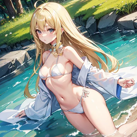 Anime Style、cute、White micro bikini、Blonde、Golden Eyes、Long Hair、Small breasts、