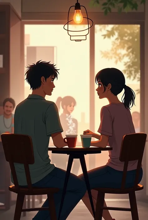 A backside view of a man and a woman with ponytail sitting in a coffee shop with a space for typing a story 