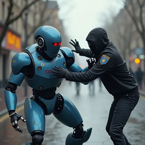 A scene of a police robot catching a bad guy.