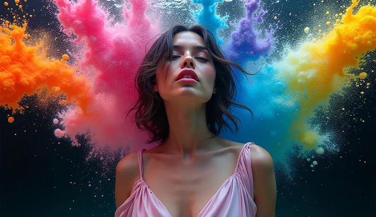 An angled view of gadis_jelita wearing light pink silk dress, pink lipstick, detail, flowers, mermaid, underwater showing the liquid colors spraying dynamically from either side into a black void. The vivid hues of the rainbow mix and swirl, highlighted by...