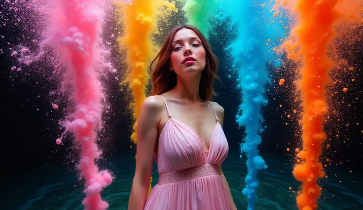 An angled view of gadis_jelita wearing light pink silk dress, pink lipstick, detail, flowers, mermaid, underwater showing the liquid colors spraying dynamically from either side into a black void. The vivid hues of the rainbow mix and swirl, highlighted by...