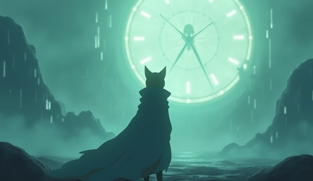 Anime scene where the silhouette of a cat wearing a cloak standing in front of a clock can be seen in the distance, Dreamy psychedelic anime, Cytus and Deemo Style, videoScreenshots of the game, Gore anime screenshot, Animation still screenshots, video Scr...