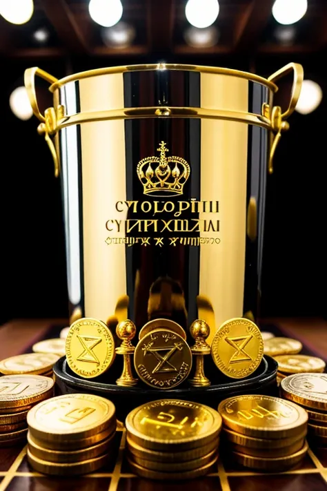 drawn drawing, Sticker
Golden coins in a pot. It says in Russian "limit" in Cyrillic. Russian letters of chess pieces stand next to it. They are set with rhinestones and beautiful stones. Golden color. Luxury luxury