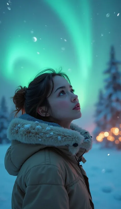 a girl watching the northern lights in a snowy landscape, beautiful detailed eyes, beautiful detailed lips, extremely detailed eyes and face, long eyelashes, detailed winter clothing, photorealistic, 8k, masterpiece, cinematic lighting, vibrant colors, dra...