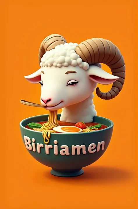 Logo of a floating lamb head turned slightly to the side, with horns, eating ramen, on an orange background and with a title that says "Birriamen"