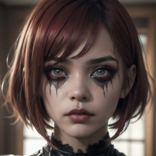 (photorealism:1.2), filipina, pinay, marano girl, undead creepy Emo girl, beautiful eyes, disturbingly gorgeous face, plump pouting lips, striking red hair with bangs over eyes pixie bob cut, nervous expression, (empty eyes), Bags under eyes, macabre gothi...