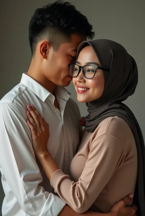 Wide top view,((best quality)), ((masterpiece)), (detailed), perfect face, malay woman wearing hijab, glasses, 38 years, a Man 29 year, women naked,(toplezs, nude), (Droopiest Breast)), (realistic skin texture), POV shot, anatomical correction, realistic t...