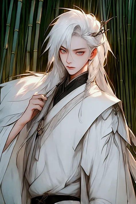 Realistically, Practical, photography, masterpiece, Best quality, Extremely detailed, Moderate, 1 Boy, Solitary, White hair, Chinese clothes, Silver hair,Bamboo forest in the background，whole body，Panoramic lens，Vision，A sword in his hand，Walking on the gr...