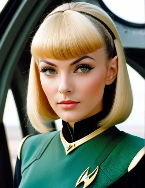 very attractive 25 year old vulcan girl with blatinum blonde bob hair, wth bangs, romulan woman, wearing romulan military uniform from star trek, on bridge of romulan warbird, photo quality