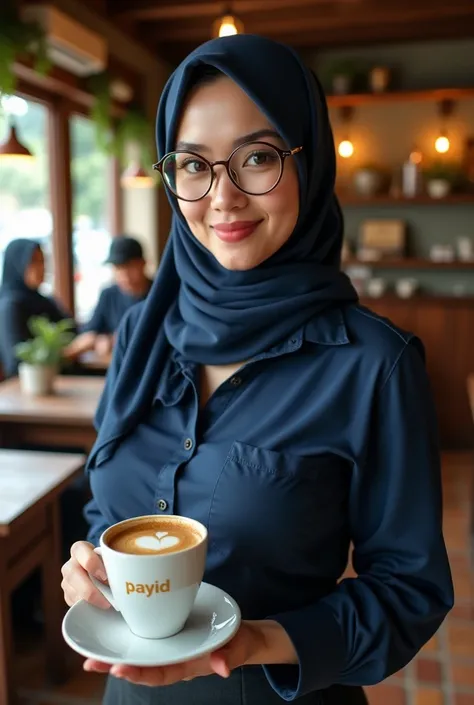 created a beautiful woman hijab ((headscarf behind neck)) with a fat body, glasses,medium breasts, Malay face. Narista shirt, her was a restaurant waiter who delivered a cup of warm coffee, The cup making word Gold inscription "payid", the background is vi...