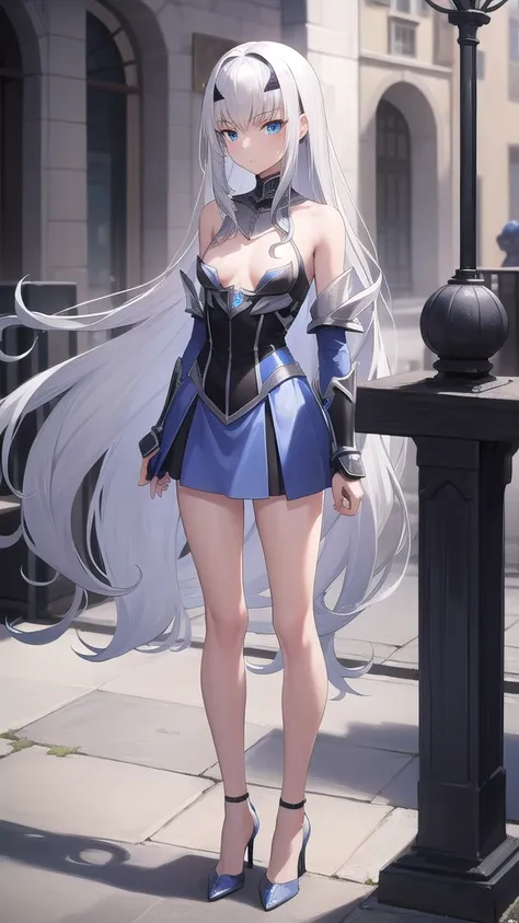 Flat-chested girl with long silver hair，blue armor，Scapula，Mini skirt，Thin legs，black stockings，high heels，Standing，medieval european city