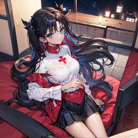 Double tail，The Red Cross short-sleeved shirt，Black skirt，black stockings，Medium breasts，On the rooftop at night