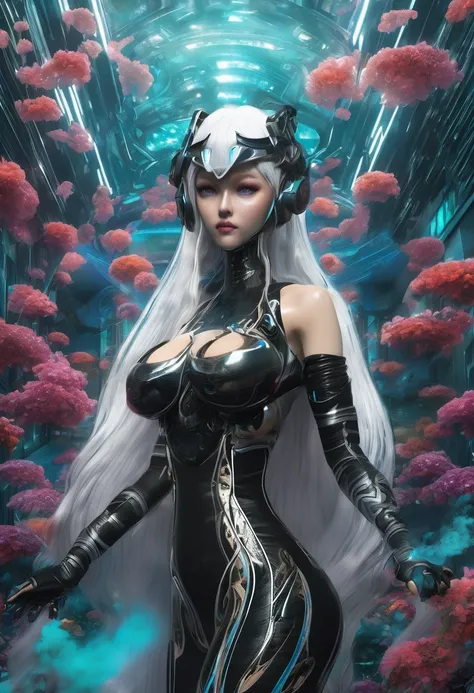 Full-length view. (full-length shot, wide angle, centered, no cropping) AR 9:16 - from 1:2 ((woman in a black linger suit - Ghost in the Shell, porcelain face and head. Long flowing white hair, large turquoise eyes, perfect eyes, best quality)). Visual Kay...