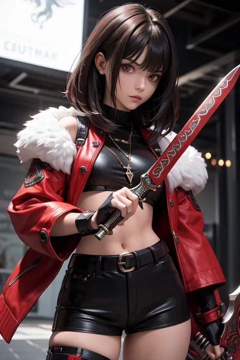 brunette hair, male, red eyes, serious expression, monster hunter style, hand sword, hooligan, high detail