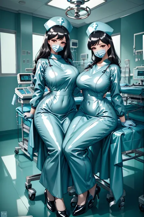 nurse uniform,hospital, latex nurse suit,nurses,busty,elbow gloves,labcoat,black hair woman,red eyes , gigantic ,medical instrum...