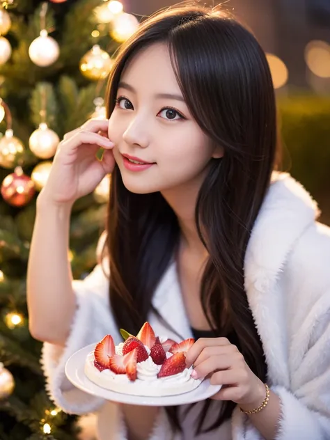 santa girl eating cake、red titi、see -through、white fur、santa girls、top-quality、night background、christmas tree、bokeh dof、top-qua...