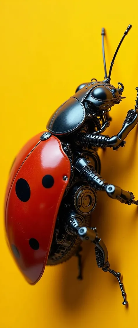 An ultra-realistic close-up of a red robotic ladybug, meticulously crafted from mechanical and robotic parts. The image is taken with a high-quality DSLR camera equipped with a premium macro lens, capturing every tiny detail of the intricate machinery. The...