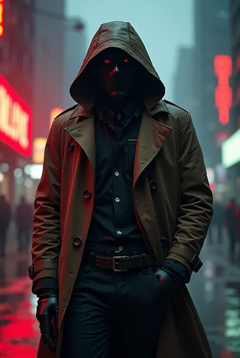 A cyberpunk Rorschach (vigilante detective). With cyber ehancements similar to a kamen rixer. He has the ability to hack and gather information from any device he can see. His outfit includes a brown trench coat. He weapons of choice so be razor wires, a g...