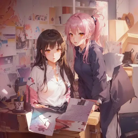 An anime character in a messy office、with a desk and a computer., Anime Style 4k, Anime Art Wallpapers 8K, Anime Moe Art Style, Gwaiz on pixiv artstation, artwork in the style of Gwaiz, Anime, Zerochan Art, anime art wallpaper 4k, anime art wallpaper 4k, G...