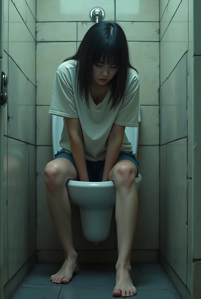 (A teen girl is urgently peeing on a urinal in the men’s restroom) (Realistic) ) sitting on on a urinal peeing