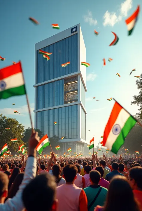 make a picture of celebrating indian 78th independence day. ECOENERGY insights company logo and Hvac system,cortix building iots technology of this company should be in background.