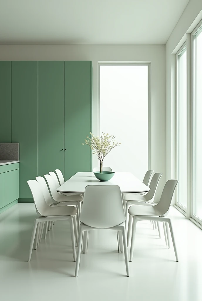 Large kitchen with white and matte green walls,Minimalist cabinets in the same color ,In the corner there is a large white table with 12 chairs,There is space for two refrigerators in the cabinets,There is a huge window next to the table,