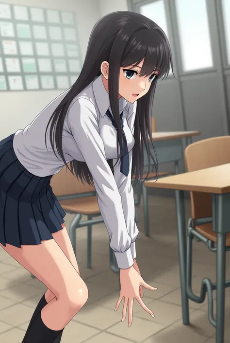 A schoolgirl bending down 