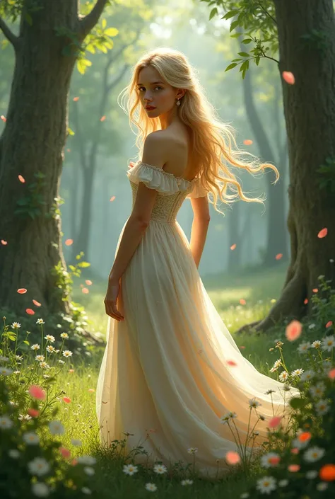 Girl blonde in flower dress, in the Forest ,seducive, fantasy, naturalne pose, full body visible