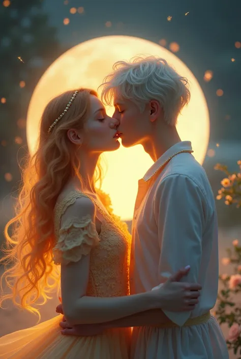 Here’s a prompt in English for creating an image where a girl resembling the sun and a boy resembling the moon are depicted sharing a French kiss:

"Create an image where a girl who embodies the sun and a boy who embodies the moon are sharing a French kiss...