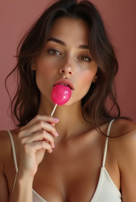 woman sucking a lollipop with a sexy face while looking at the camera and touching her tits
