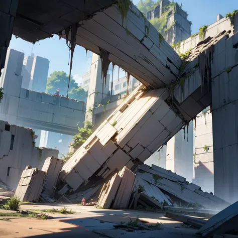 People crushed under a giant hand, Large buildings collapsing under a giant hand, The ruins of multiple buildings