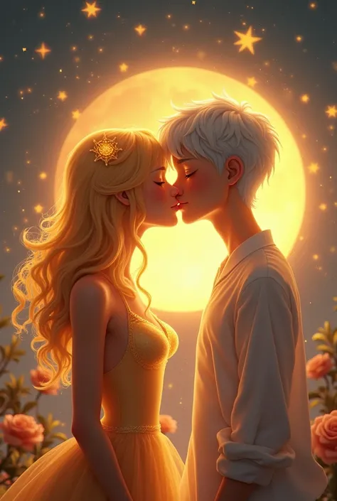 Here’s a prompt in English for creating an image where a girl resembling the sun and a boy resembling the moon are depicted sharing a French kiss:

"Create an image where a girl who embodies the sun and a boy who embodies the moon are sharing a French kiss...