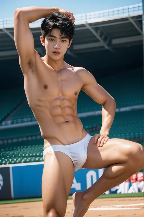 shaved armpits, Crowded baseball stadium, Teenager, Slim fit body, teen body, hota, very cute boy face,  boy, cute face, young kids, Very young teenager boy, baseball stadium, baseball field scenery, Outdoors, he wore a small Tiny white thong covering half...