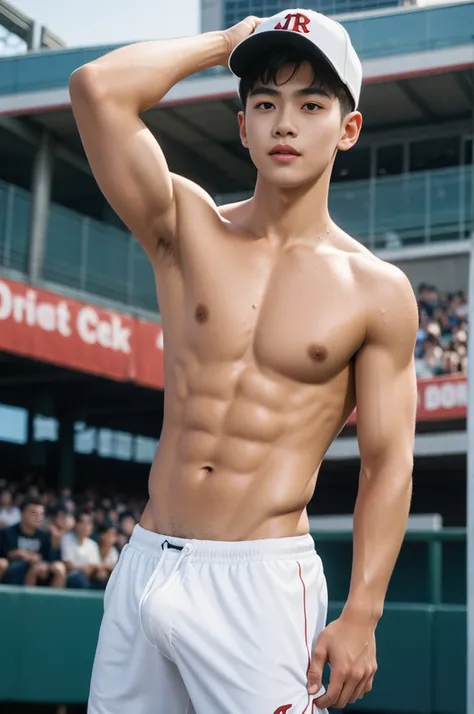 shaved armpits, Crowded baseball stadium, Teenager, Slim fit body, teen body, hota, very cute boy face,  boy, cute face, young kids, Very young teenager boy, baseball stadium, baseball field scenery, Outdoors, he wore a small Tiny white thong covering half...