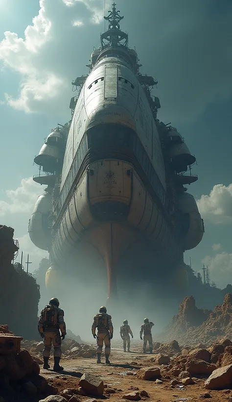 A giant spaceship is stationary，The ship is broken，Outside the spacecraft, Robots and astronauts are repairing it，There are shipwrecks everywhere，The background is the vastness of space，Excellent details，Cinema Lenses