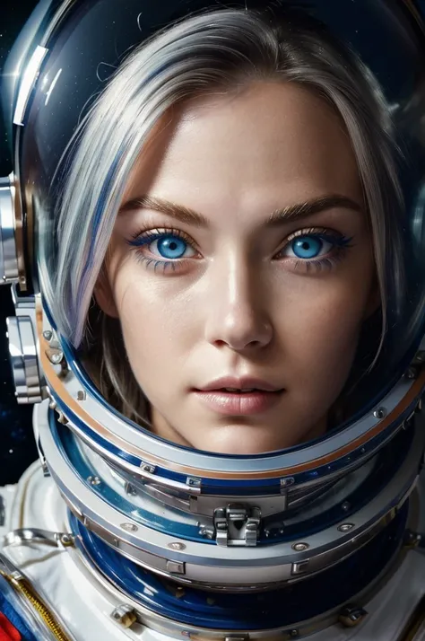 (Close-up of a better masterpiece:1.5)0.9], (Space and astronauts:1.2) (Messy silver hair:1.1) (Heterochromia xanthochromia and blue eyes:1.2) (Space Helmet:1.0) (Colored stars in the eyes:1.0) (A radiant glow:1.1) (thick lips:0.9)