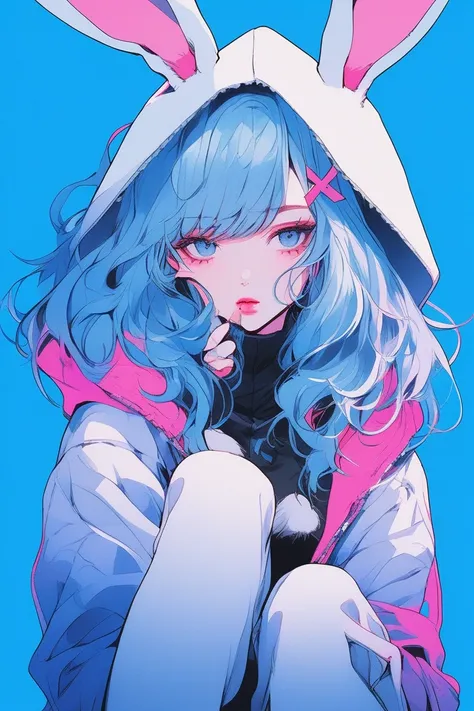 Illustrator, anime , Realistic ,sketch , 1 person, ,lip, Bunny Girl Costume, (((whole body))), order, Blue gradient background, Neon Medium Hair,Texture Trim, Canadian, (masterpiece,Highest quality) 