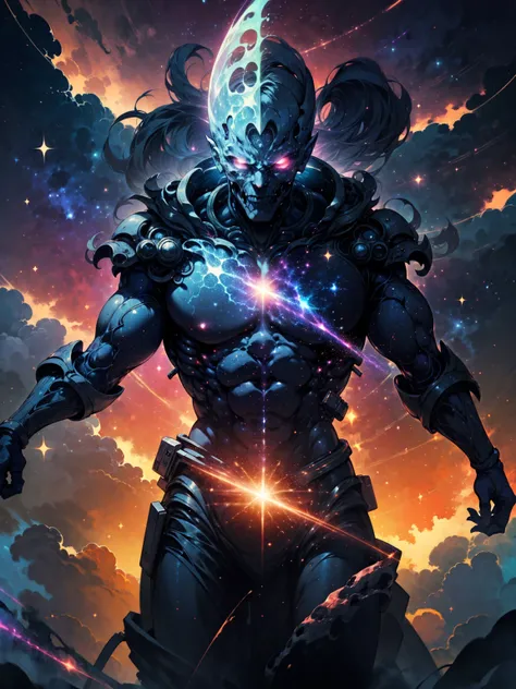 anime-style image of a ghostly gunslinger with galaxy-scale power. The gunslinger has an ethereal, translucent body, with glowing neon energy coursing through his form, outlining his cowboy attire and skeletal structure. His eyes burn with a bright, otherw...