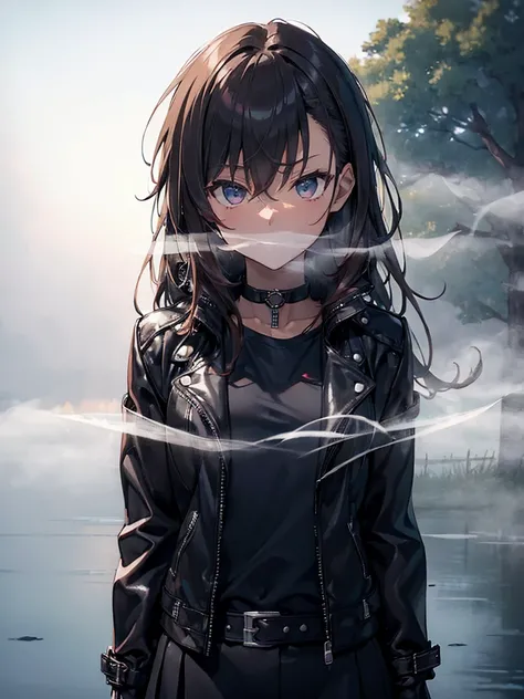 (Mysterious Fog:1.5), The background is the lakeside, The time is dawn, Sad, rider, Black Leather Jacket, Misaka Mikoto, 1girl, black choker, uhd, retina, masterpiece, ccurate, anatomically correct, textured skin, super detail, high details, high quality, ...