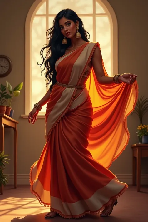 1girl,India girl,wearing saree, wearing earrings,big ,big ass,black hair,hyper realistic, ultra detail, high res, Very large boobs , saree colour Orange white cream. Would be very specific hair should be very long