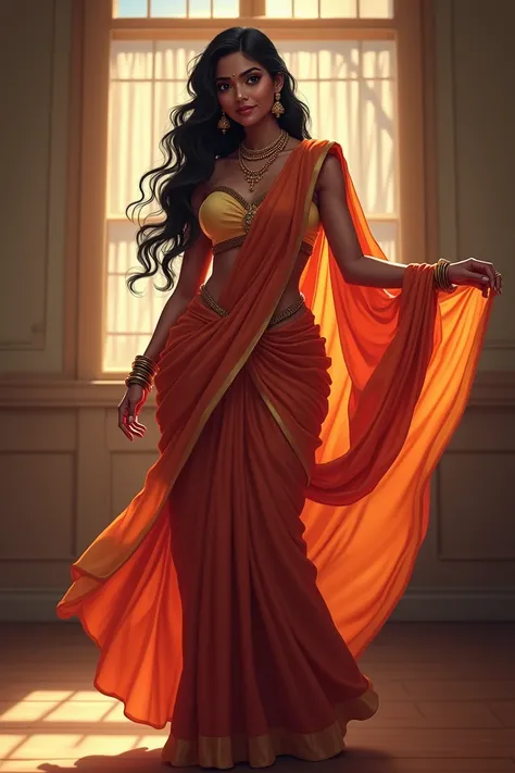 1girl,India girl,wearing saree, wearing earrings,big ,big ass,black hair,hyper realistic, ultra detail, high res, Very large boobs , saree colour Orange white cream. Would be very specific hair should be very long