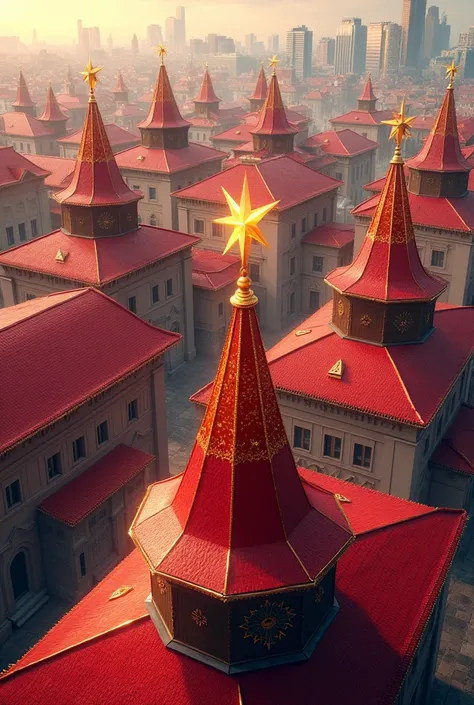 Roof of buildings in the city are painted a red background and a gold star. 