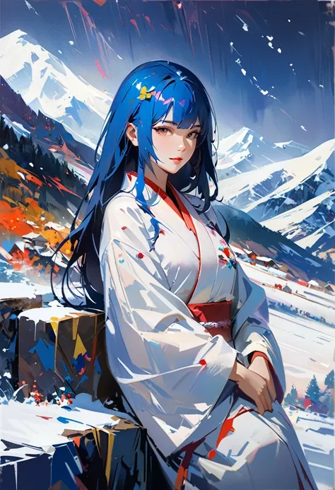 in snow mountains, The weather in the mountains is a blizzard、Painting of a female monster with long hair、Wearing a white kimono、Painting of a female monster with a blue face、A painting of a female demon directing your path、darkness、wind and snow、dark sky,...