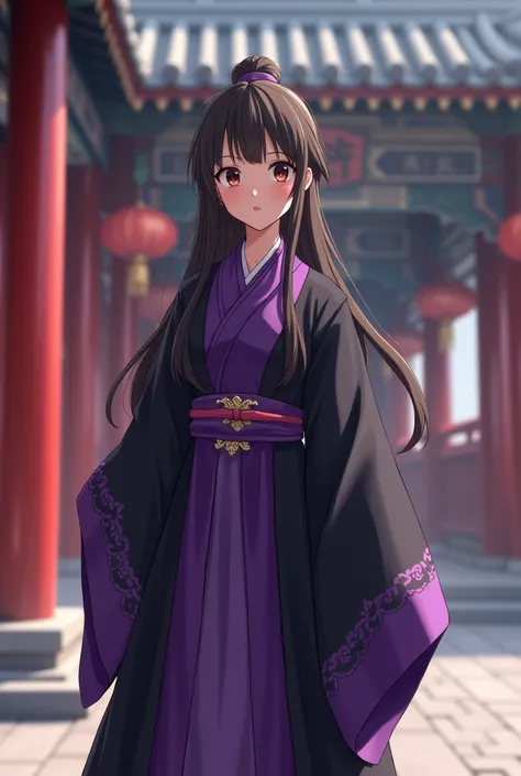 A girl in a purple and black robe stands in a Chinese-style building