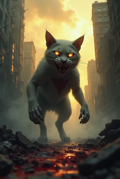 Cat , dog , monster, glowing, sky, building, glowing_eyes, smoke, outdoors, blood, zombie, city, teeth, giant