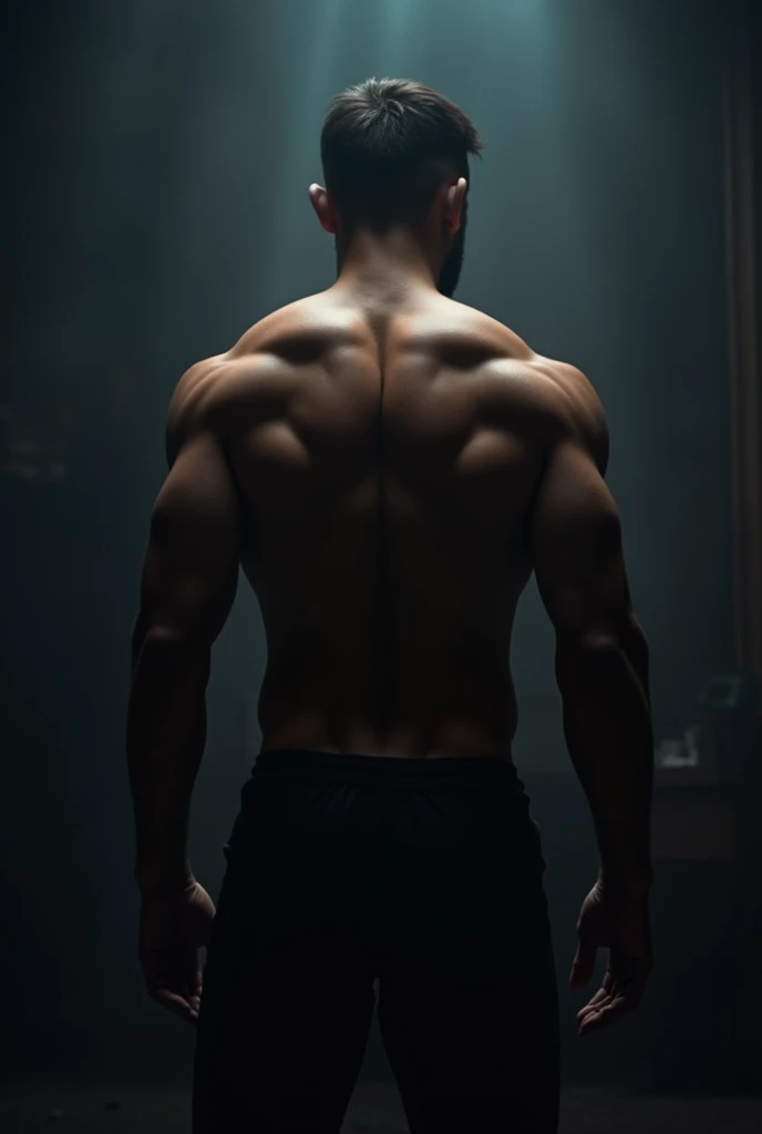 Asthetic back muscular back theme dim lights tanned skin colour 5 foot 7 height no face 