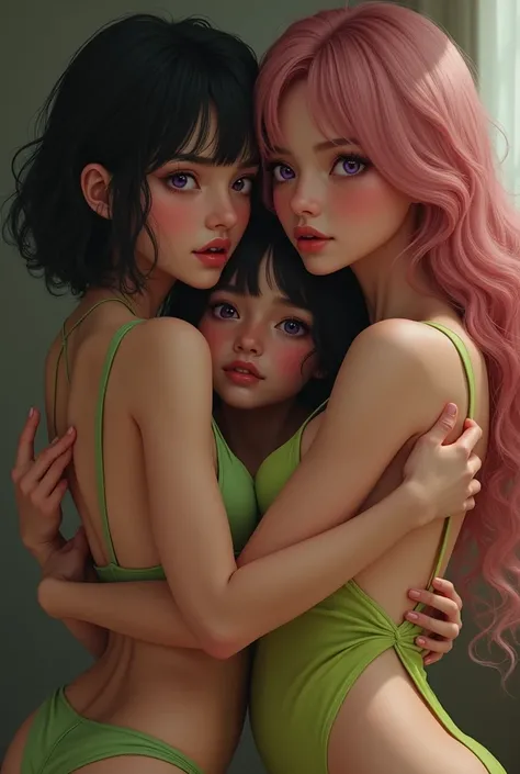 Give me a realistic picture of two lesbian girls hugging a black-haired girl with short shoulder-length hair, A 21-year-old with slanted, tired eyes, round face, 1.54m, round nose, cheeks, slim, with a masculine and dominant personality And the other a que...