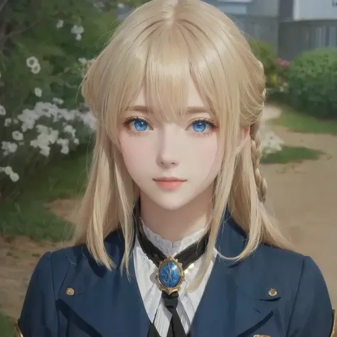 a girl with blonde hair, blue eyes, wearing a blue jacket and a red ribbon., violet evergarden, the finer details. girls&#39; fr...