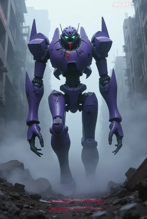 Evangellion, battle damaged Purple Eva (battle damaged and bleeding blood running from open mouth) shambling out of a mysterious fog, ruins of Neo Tokyo You arent you when your hangry Written in clear letters across the bottom. SNICKERS" written clear acro...